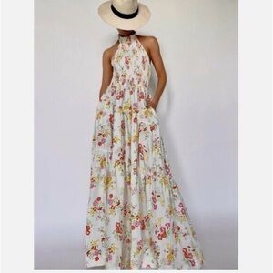 S/W/F Floral Print Halter Sleeveless Tiered Garden Party Maxi Dress